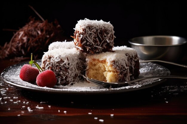 Pan di spagna Lamingtons con cioccolato e cocco Generative AI