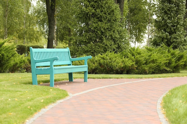 Panca di legno blu nel bellissimo parco