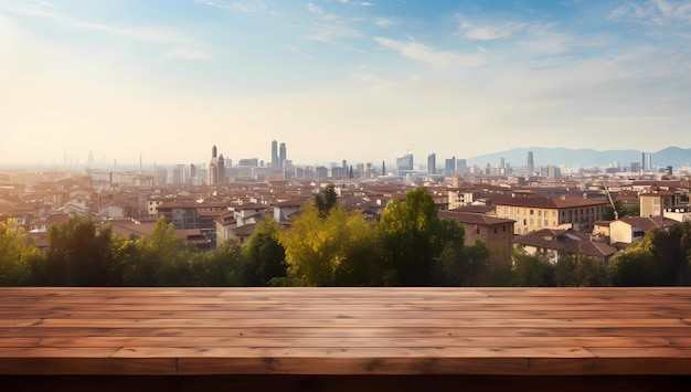 panca in legno con vista sul modello della città con spazio per la copia
