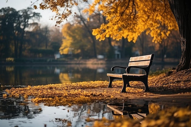 Panca in legno in riva al lago nel parco autunnale Banner pubblicitario IA generativa