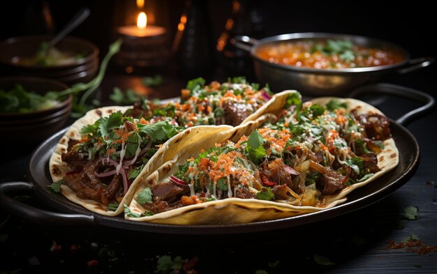 Panca piena di tacos ricoperta di carne e verdure AI generativa