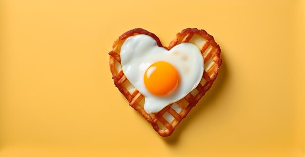 Pancake a forma di cuore con un uovo in cima su uno sfondo giallo