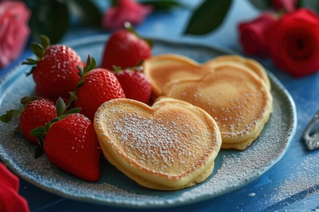pancake a forma di cuore e lamponi per la colazione di San Valentino generativo ai
