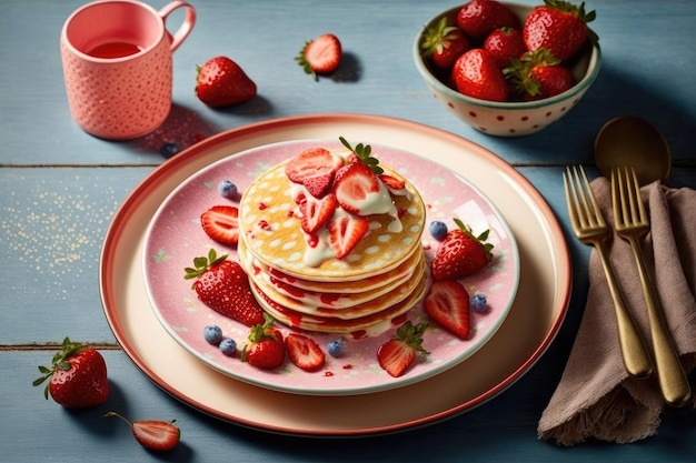 Pancake alla fragola con frutti di bosco per colazione sul piatto il giorno del pancake creato con ai generativo