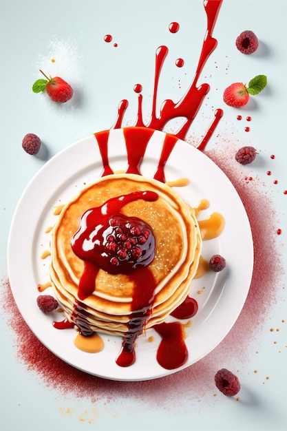 Pancake americano con marmellata e lamponi congelati su sfondo bianco