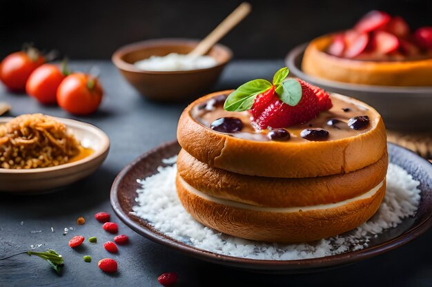 pancake con bacche e riso su uno sfondo nero