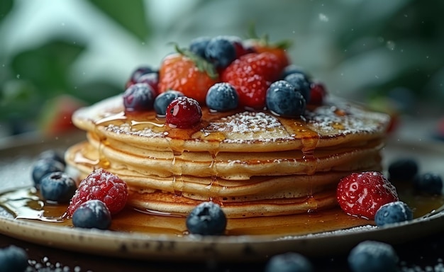 Pancake con bacche e sciroppo d'acero sul piatto