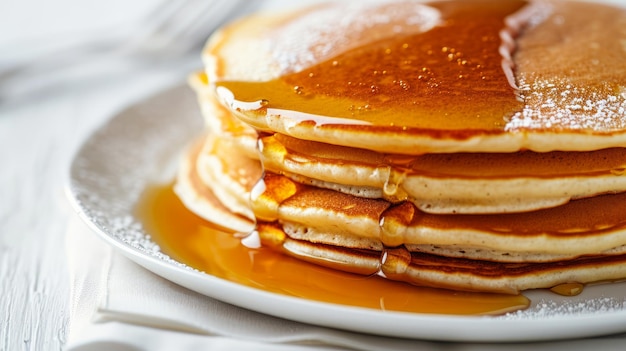 Pancake con burro e sciroppo di miele sul piatto bianco isolato su uno sfondo bianco