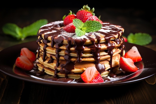 pancake con fragole e cioccolato e foglia di menta