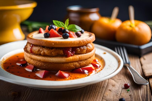 pancake con frutta su un piatto con un mucchio di pancake sul tavolo