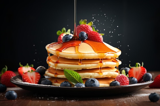 Pancake con frutti di bosco sopra sciroppo di miele colazione dolce