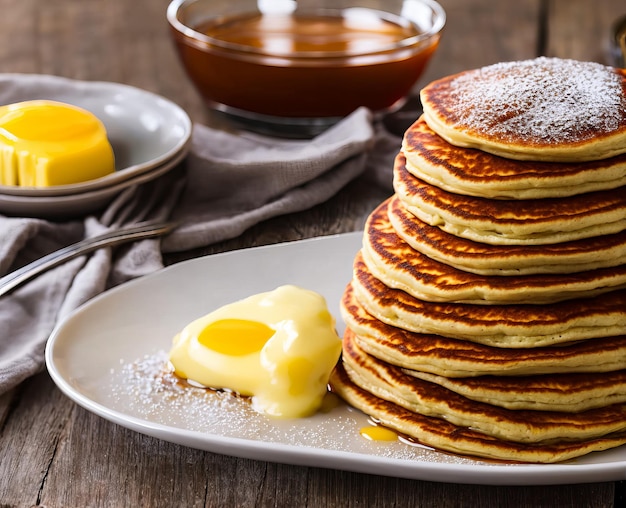 Pancake con miele e tè su una vista superiore del piatto bianco