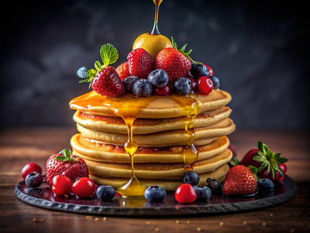 pancake con sciroppo d'acero versato su di esso e frutta pancake con burro fuso e versato miele