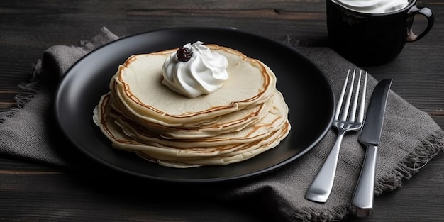 Pancake con yogurt naturale su piatto nero coltello a forchetta tovagliolo di carta servito su tavolo di legno grigio