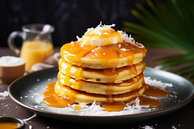 Pancake coperti da un po' di sciroppo di ciliegio e panna montata