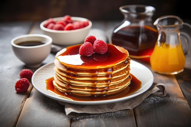 Pancake deliziosi con miele e lamponi