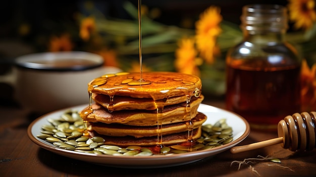 Pancake di zucca coperti di miele e cosparsi di semi di zucca su un piatto Generativo Ai