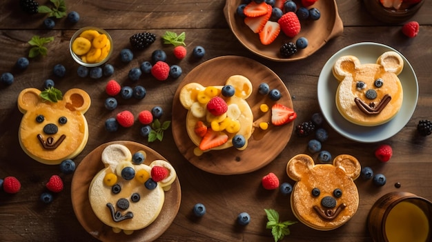 Pancake divertenti e festivi a forma di animali e ricoperti di frutta fresca generata dall'AI