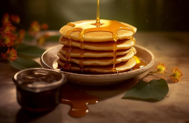 Pancake e miele di tilo versato frittelle appetitose con miele su tavolo di legno