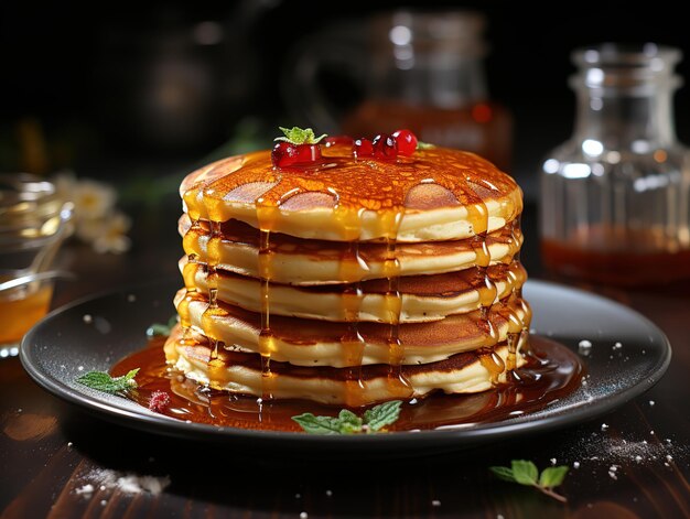 Pancake fritters versati con miele in un piatto su uno sfondo sfocato AI generativa