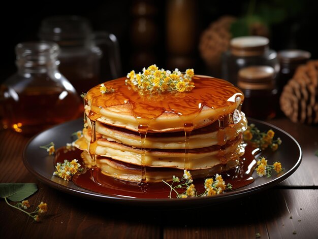 Pancake fritters versati con miele in un piatto su uno sfondo sfocato AI generativa