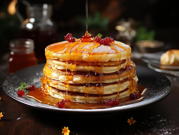 Pancake fritters versati con miele in un piatto su uno sfondo sfocato AI generativa