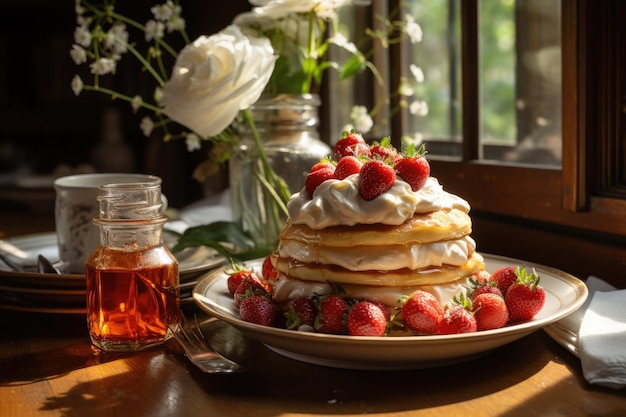 Pancake ripieni di sciroppo d'oro e fragole fresche generative IA