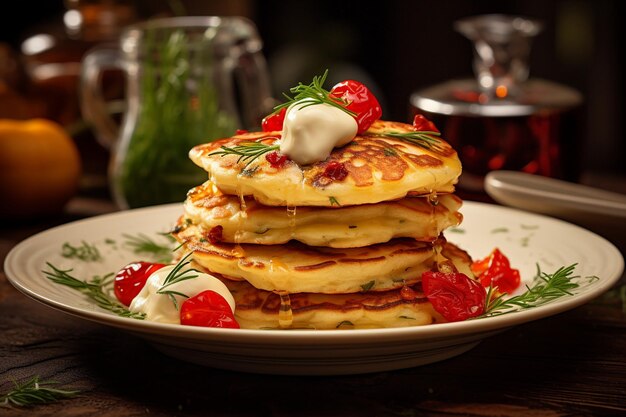 Pancake serviti con rabarbara in scatola e sciroppo di zenzero