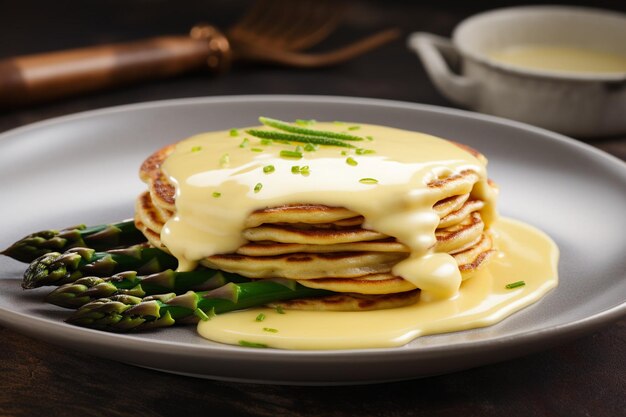 Pancake serviti con rabarbara in scatola e sciroppo di zenzero