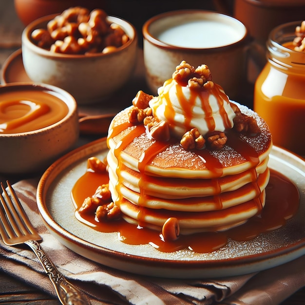 Pancake soffici con caramello fatto in casa e un topping di noci di caramello croccanti