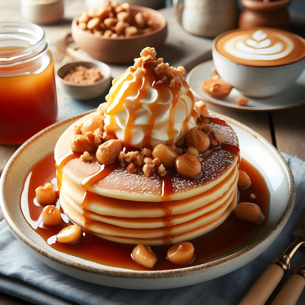 Pancake soffici con caramello fatto in casa e un topping di noci di caramello croccanti