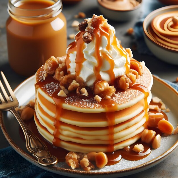 Pancake soffici con caramello fatto in casa e un topping di noci di caramello croccanti