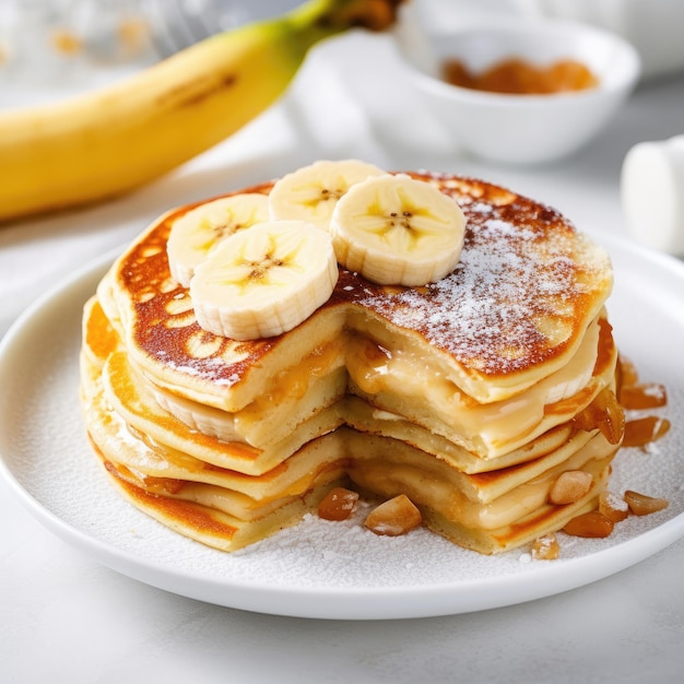 Pancake sottile tagliato a metà con una grande banana, vaniglia e zucchero isolato su sfondo bianco