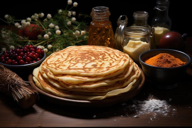 pancake sul tavolo della cucina in uno studio coperto pubblicità professionale fotografia di cibo