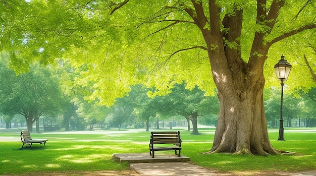 Panchina con albero e lanterna nel parco