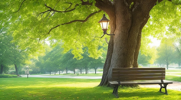 Panchina con albero e lanterna nel parco