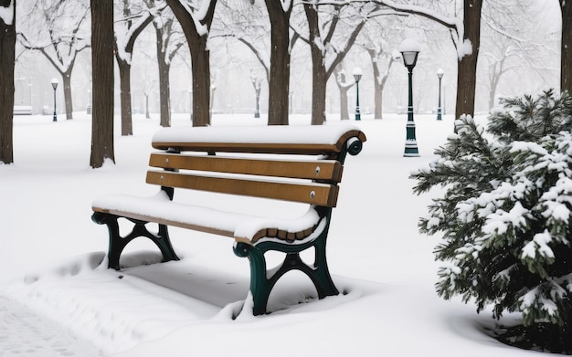 Panchina coperta di neve nel parco cittadino durante la neve