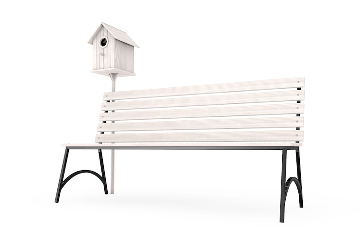 Foto panchina di strada con birdhouse in legno su sfondo bianco. rendering 3d.