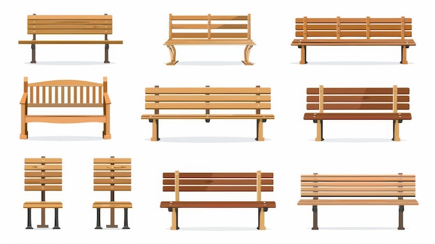 Panchina fatta di legna per l'uso in parchi o cortili Realistico set di illustrazioni moderne di vista anteriore su una lunga sedia fatta di tavole Mobili urbani all'aperto marrone scuro
