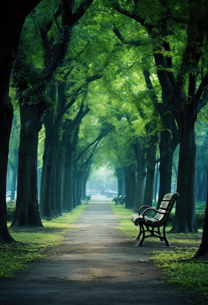 Panchina nel parco con alberi verdi sullo sfondo