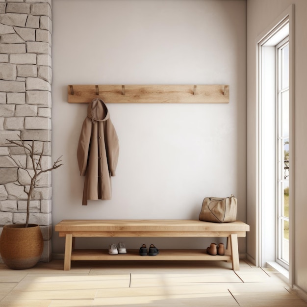 Panchina rustica in legno in stile minimalista scandinavo design interno di un moderno atrio d'ingresso