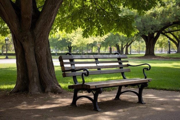 Panchina vuota in un parco con una vegetazione lussureggiante