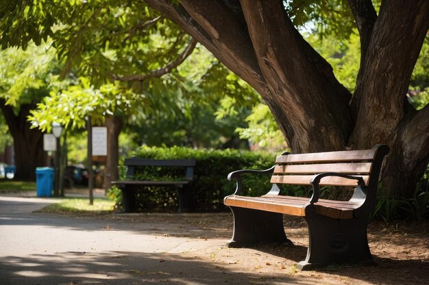 Panchina vuota in un parco con una vegetazione lussureggiante