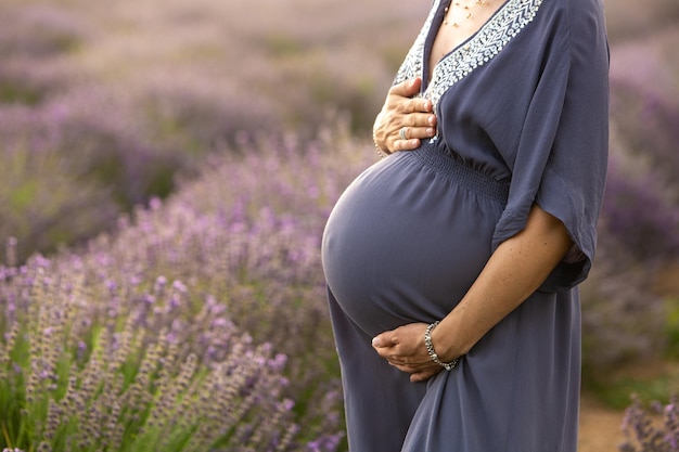 Pancia di una donna incinta in un campo di lavanda al tramonto