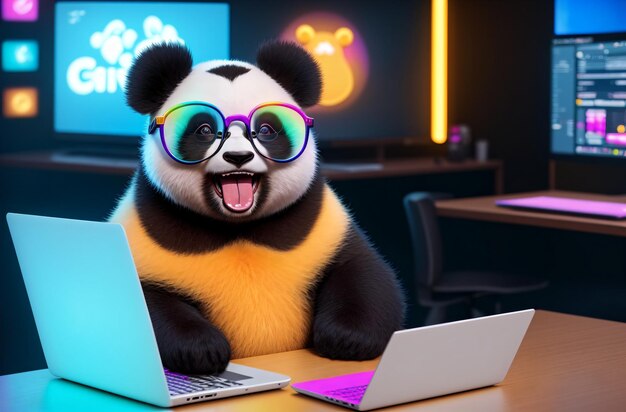 Panda affascinante con gli occhiali a bocca aperta seduto al computer portatile IA generativa