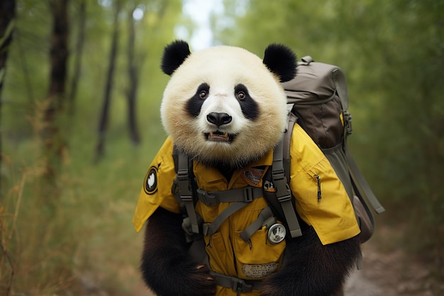 Panda antropomorfo vestito in una forma gialla come un concetto di viaggio turistico umano potenziato