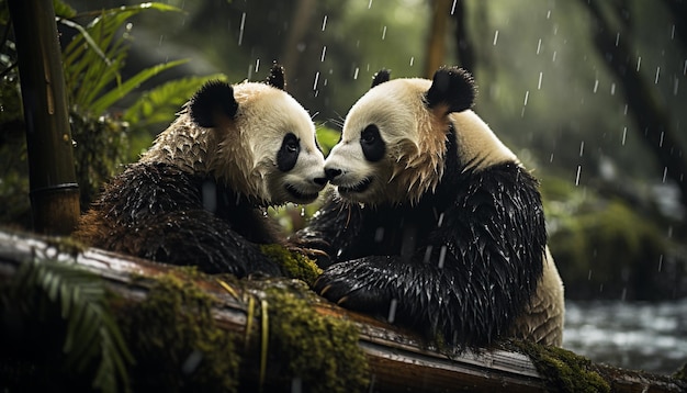 Panda carino che mangia bambù nella foresta pluviale tropicale circondato dalla bellezza generata dall'intelligenza artificiale