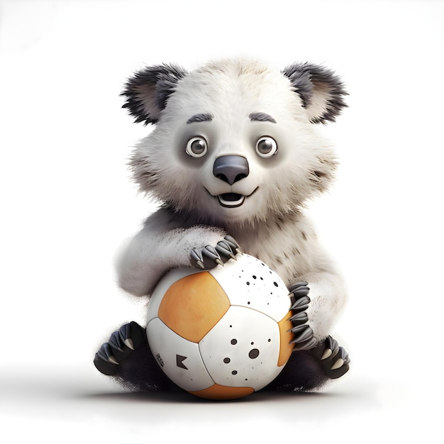 Panda carino con un pallone da calcio su sfondo bianco