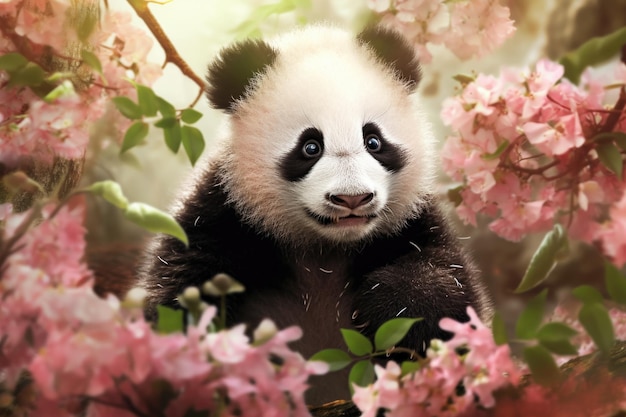 Panda carino in un giardino ai generativo