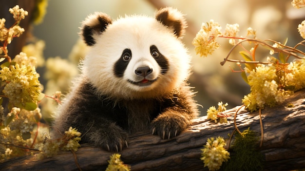 Panda carino seduto sul ramo che guarda l'obbiettivo nella foresta
